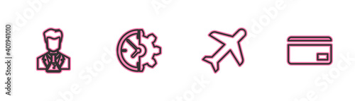 Set line Scientist and test tube, Plane, Clock gear and Credit card icon. Vector.