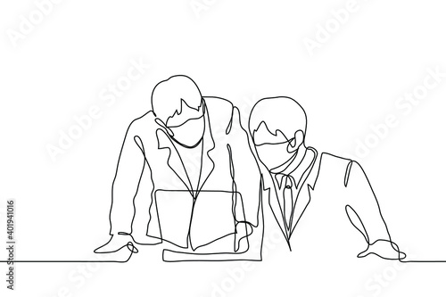 two men in office suits and masks are looking at a laptop screen, one is sitting the other is standing with his hands on the table. one line drawing concept work check, boss and worker