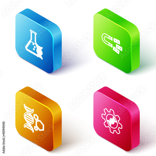 Set Isometric line DNA research, search, Magnet with money, Genetic engineering and icon. Vector.