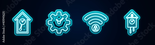 Set line Retro wall watch, Time Management, Wifi locked and . Glowing neon icon. Vector.