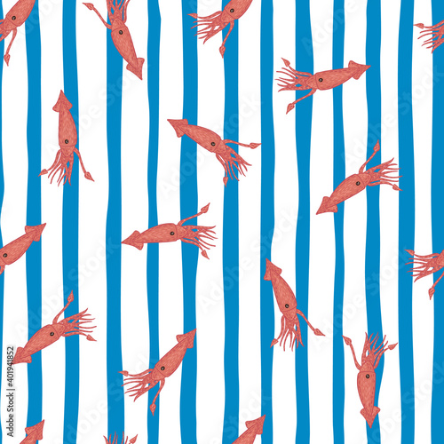 Random seamless pattern with simple pink colored squids. White and blue striped background.