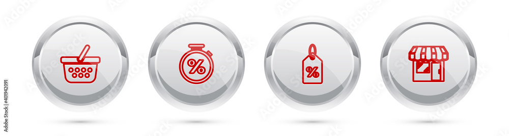 Set line Shopping basket, Stopwatch and percent, Discount tag and Market store. Silver circle button. Vector. Set line Shopping basket, Stopwatch and percent, Discount tag and Market store. Silver circle button. Vector.