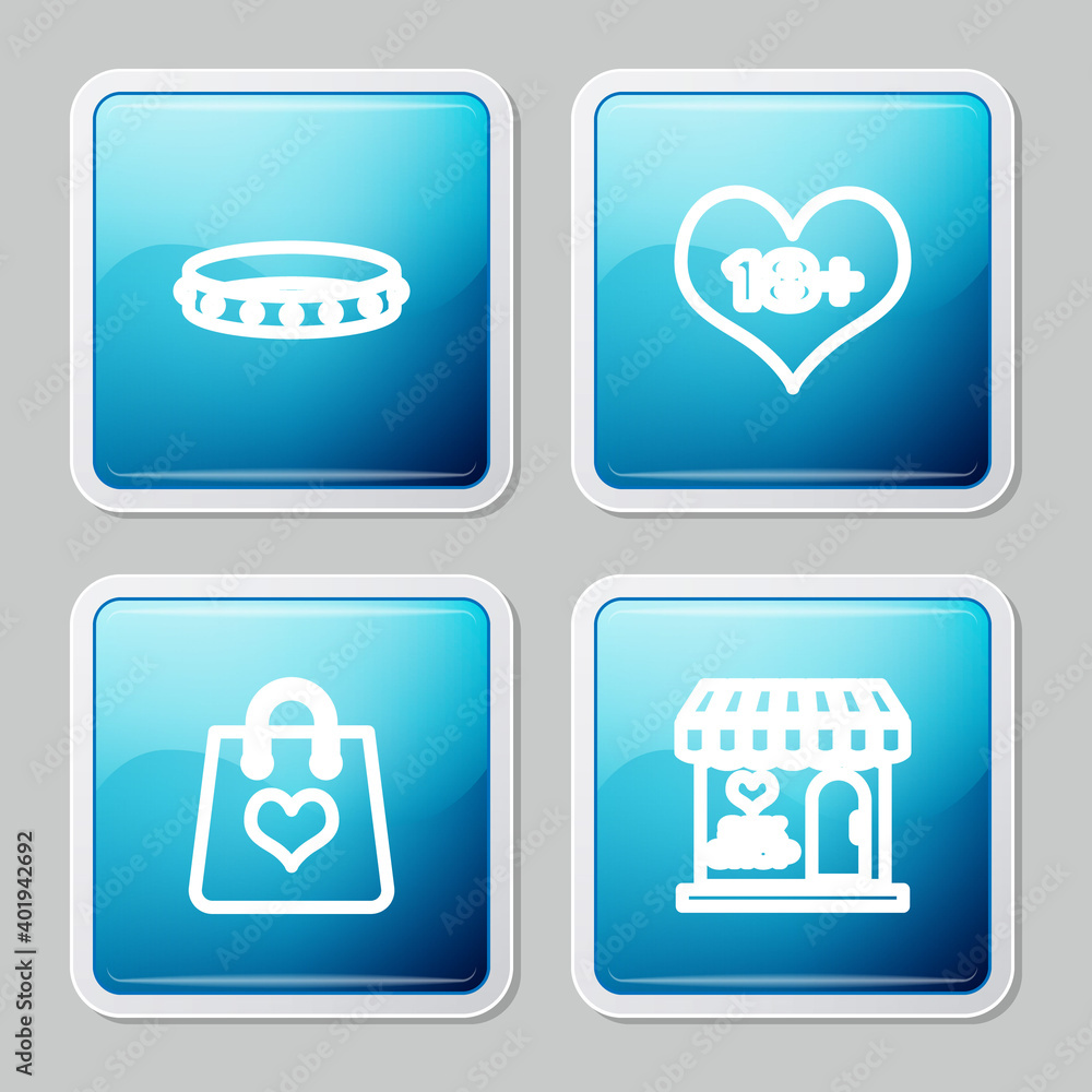 Set line Leather fetish collar, 18 plus content heart, Shopping bag with and Sex shop building icon. Vector.