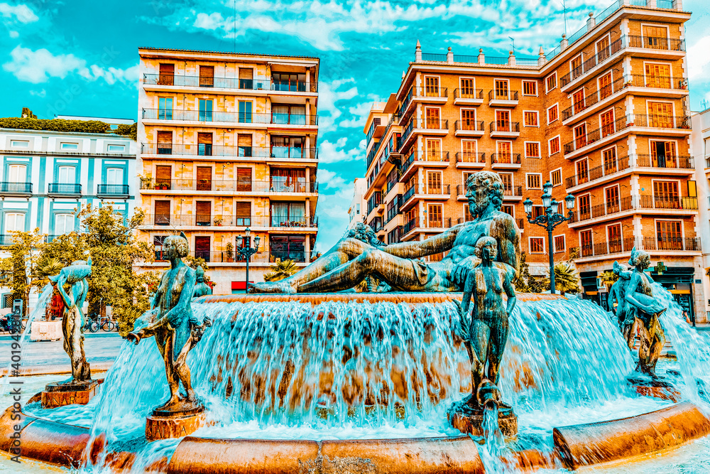 Square of Saint Mary's and fountain Rio Turia. Valencia.