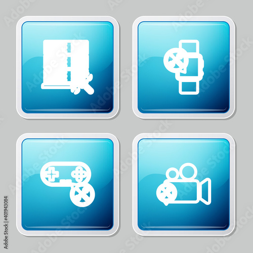 Set line Database server service, Smartwatch, Gamepad and Video camera icon. Vector.