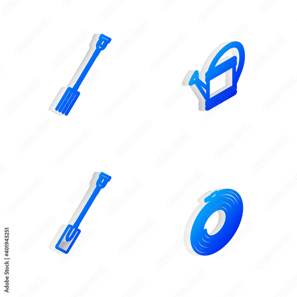 Set Isometric line Watering can, Garden pitchfork, shovel and hose fire hose icon. Vector. Set Isometric line Watering can, Garden pitchfork, shovel and hose fire hose icon. Vector.