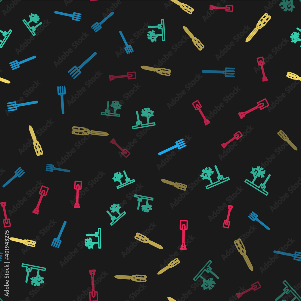 Set line Garden pitchfork, Planting tree in the ground, Gardening handmade scissor and shovel on seamless pattern. Vector. Set line Garden pitchfork, Planting tree in the ground, Gardening handmade scissor and shovel on seamless pattern. Vector.