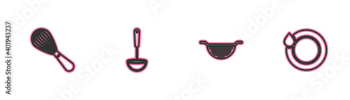 Set line Kitchen whisk, colander, ladle and Washing dishes icon. Vector.