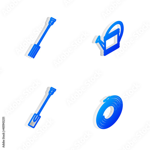 Set Isometric line Watering can, Garden pitchfork, shovel and hose fire hose icon. Vector.