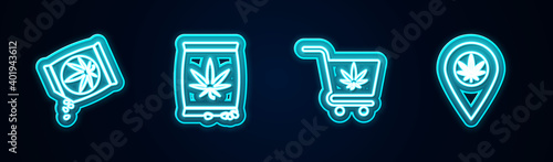 Set line Marijuana or cannabis seeds, , Shopping cart with marijuana and Location and. Glowing neon icon. Vector.