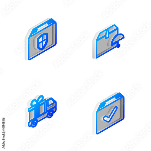 Set Isometric line Delivery package with umbrella, box security shield, truck gift and Package check mark icon. Vector. © vector_v