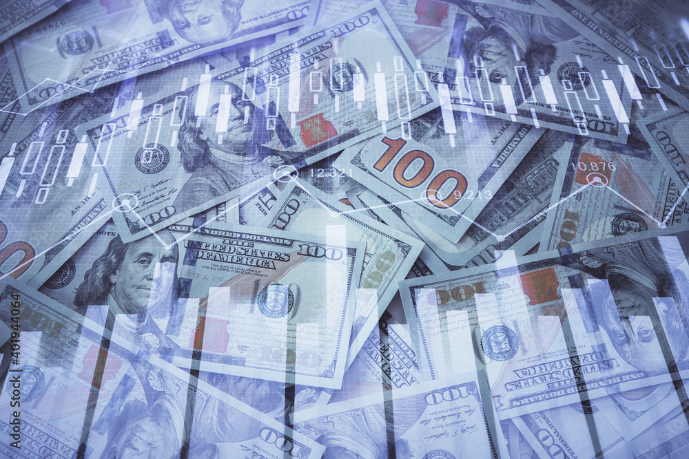 Double exposure of forex graph drawing over us dollars bill background. Concept of financial markets. Double exposure of forex graph drawing over us dollars bill background. Concept of financial markets.