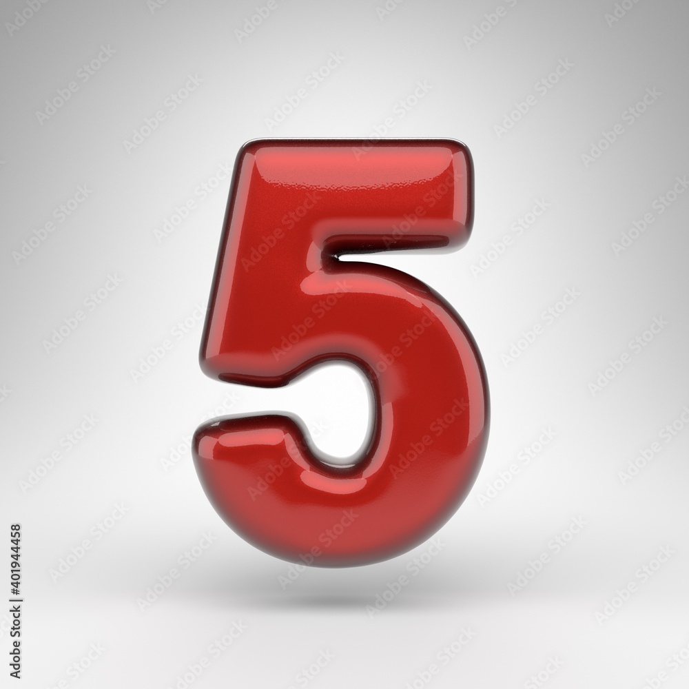 Number 5 on white background. Red car paint 3D number with glossy metallic surface. Number 5 on white background. Red car paint 3D number with glossy metallic surface.