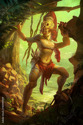 the girl female tribal warrior in the jungle wearing skull helmet 