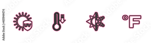 Set line UV protection, Sun and snowflake, Meteorology thermometer and Fahrenheit icon. Vector.