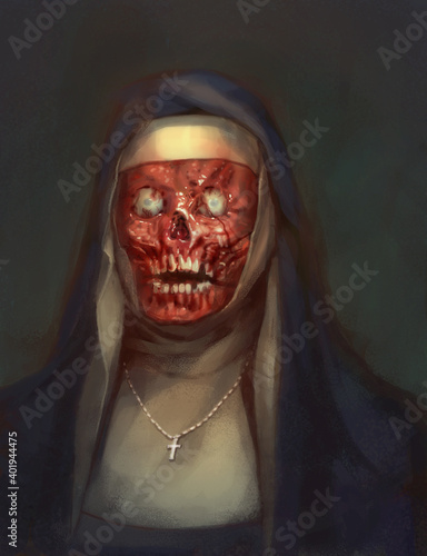 portrait of a nun with horrifying meat flesh face