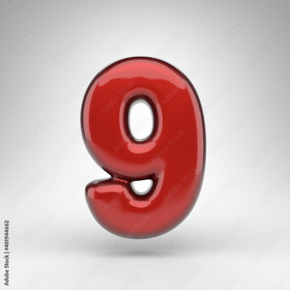 Number 9 on white background. Red car paint 3D number with glossy metallic surface. Number 9 on white background. Red car paint 3D number with glossy metallic surface.