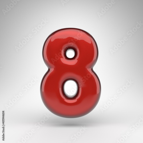 Number 8 on white background. Red car paint 3D number with glossy metallic surface.