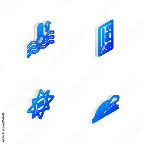 Set Isometric line Meteorology thermometer, Water, UV protection and Rainbow with cloud icon. Vector.