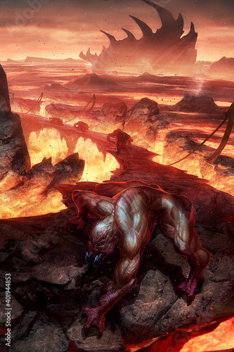 digital illustration of fantasy creature monster demon crawling in hell with larva