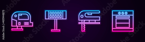 Set line Electric jigsaw, heater, and Oven. Glowing neon icon. Vector.