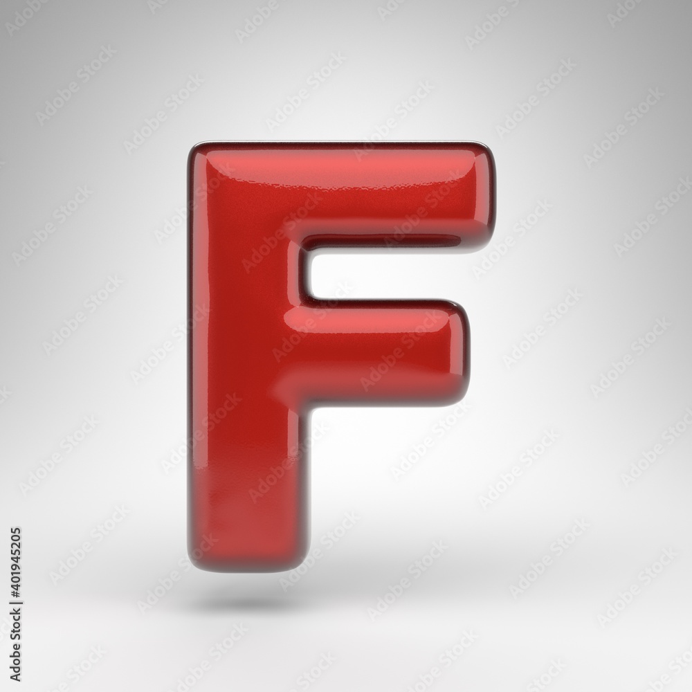 Letter F uppercase on white background. Red car paint 3D letter with glossy metallic surface. Letter F uppercase on white background. Red car paint 3D letter with glossy metallic surface.