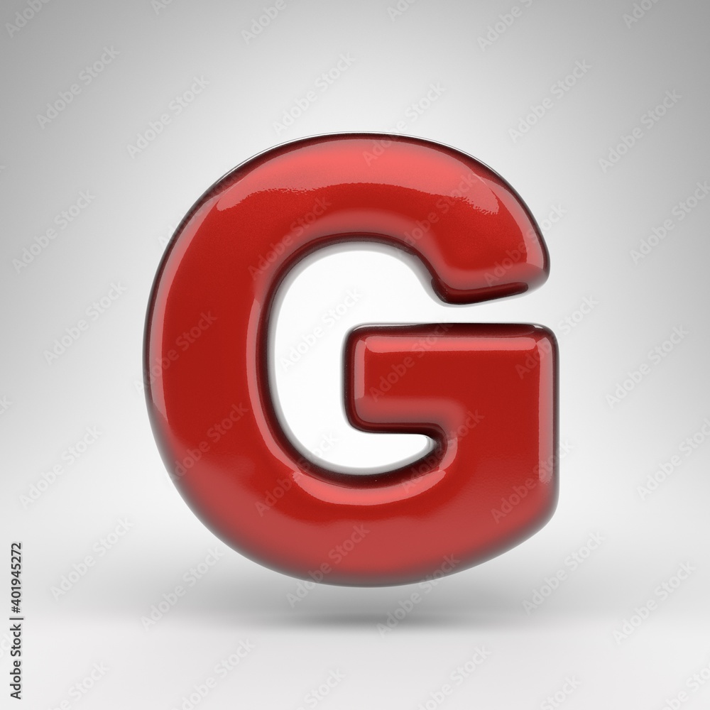Letter G uppercase on white background. Red car paint 3D letter with glossy metallic surface. Letter G uppercase on white background. Red car paint 3D letter with glossy metallic surface.