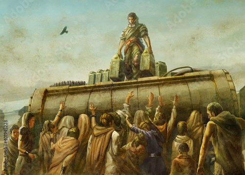 digital illustration of water supply scene with ancient fantasy people