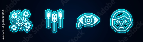 Set line Bacteria, Wheat, Reddish eye allergic conjunctivitis and Inflammation face. Glowing neon icon. Vector.