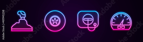 Set line Gear shifter, Car brake disk, Oil filler cap at gas station and Speedometer. Glowing neon icon. Vector.