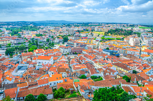 Aerial panoramic view of Leiria city old historical centre with red tiled roofs buildings, Beira Litoral province, Centro Region, Portugal