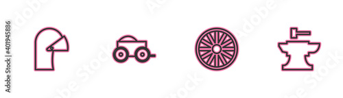 Set line Medieval iron helmet, Old wooden wheel, Wooden four-wheel cart and Anvil for blacksmithing hammer icon. Vector.