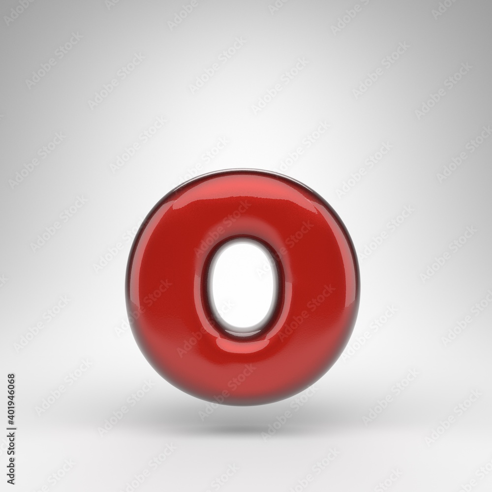 Letter O lowercase on white background. Red car paint 3D letter with glossy metallic surface. Letter O lowercase on white background. Red car paint 3D letter with glossy metallic surface.