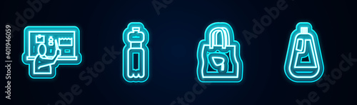 Set line Stop plastic pollution, Bottle of water, Shopping bag with recycle and for dishwashing liquid. Glowing neon icon. Vector.