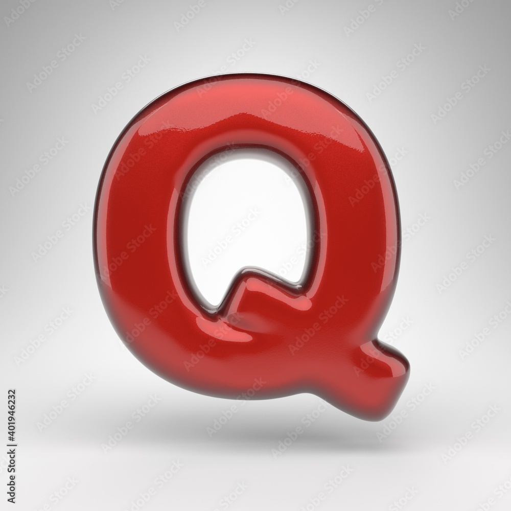 Letter Q uppercase on white background. Red car paint 3D letter with glossy metallic surface. Letter Q uppercase on white background. Red car paint 3D letter with glossy metallic surface.