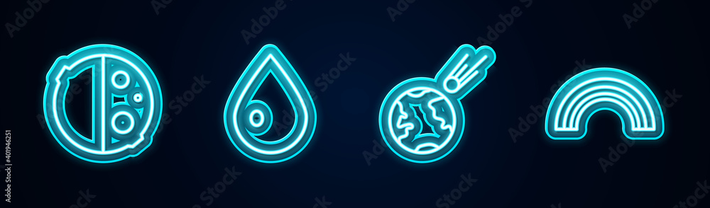 Set line Eclipse of the sun, Water drop, Comet falling down fast and Rainbow. Glowing neon icon. Vector. Set line Eclipse of the sun, Water drop, Comet falling down fast and Rainbow. Glowing neon icon. Vector.