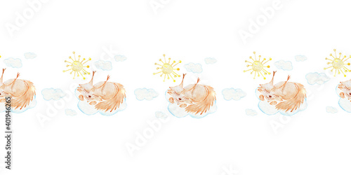 Watercolor animal borders. Sleeping cat, squirrel. Illustration for children's room. Perfect for fabric and Wallpaper.