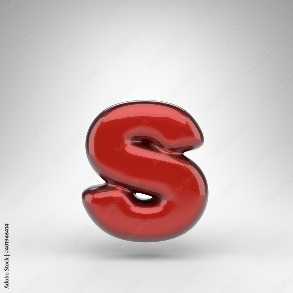 Letter S lowercase on white background. Red car paint 3D letter with glossy metallic surface. Letter S lowercase on white background. Red car paint 3D letter with glossy metallic surface.