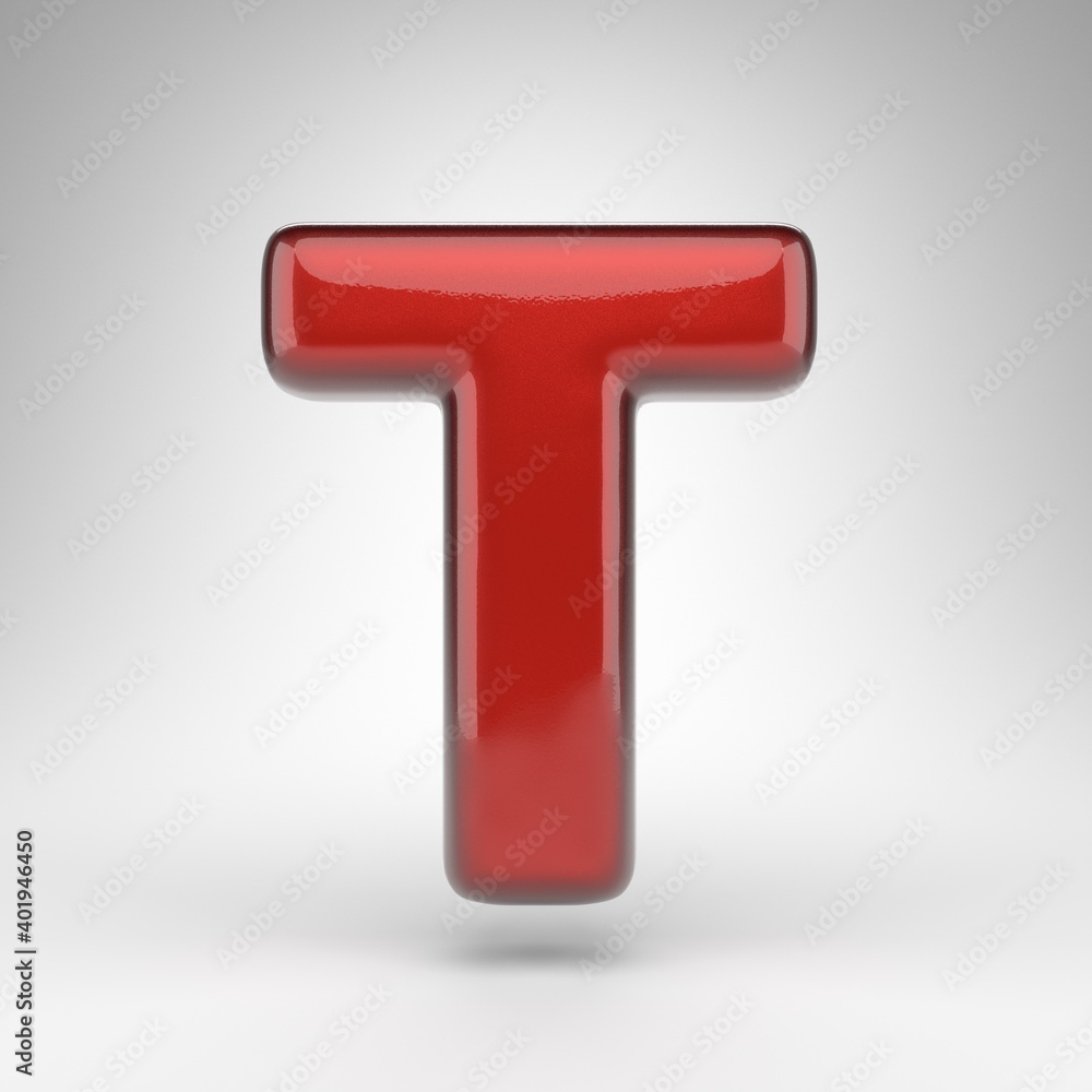 Letter T uppercase on white background. Red car paint 3D letter with glossy metallic surface. Letter T uppercase on white background. Red car paint 3D letter with glossy metallic surface.