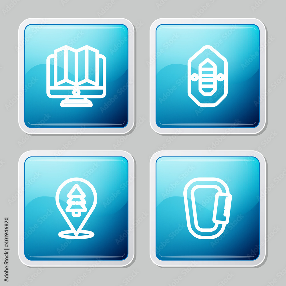 Set line Location of the forest in monitor, Rafting boat, and Carabiner icon. Vector. Set line Location of the forest in monitor, Rafting boat, and Carabiner icon. Vector.