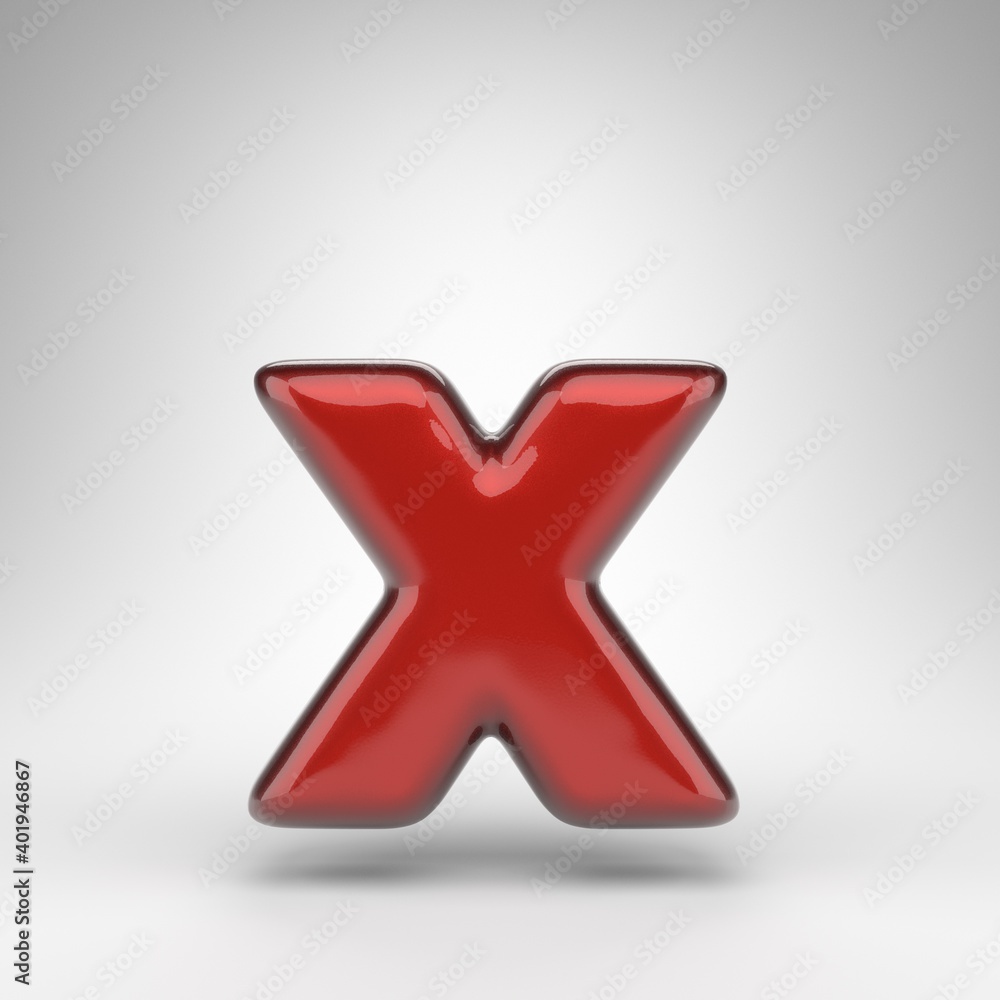 Letter X lowercase on white background. Red car paint 3D letter with glossy metallic surface. Letter X lowercase on white background. Red car paint 3D letter with glossy metallic surface.