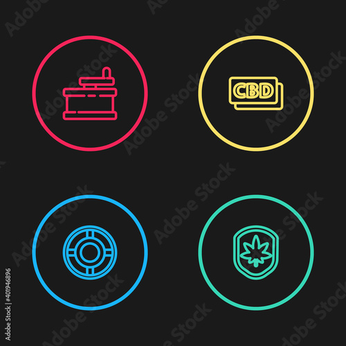 Set line Ashtray, Shield and marijuana leaf, Cannabis molecule and Manual grinder icon. Vector.