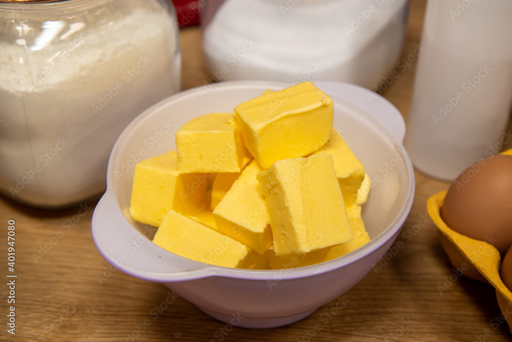 A bowl of cubed butter ready to do some baking A bowl of cubed butter ready to do some baking