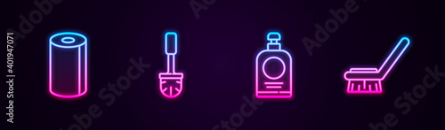 Set line Paper towel roll, Toilet brush, Hand sanitizer bottle and Brush for cleaning. Glowing neon icon. Vector.