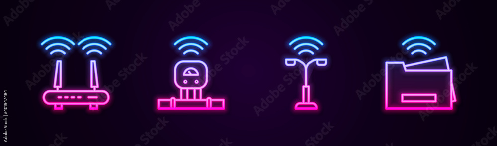 Set line Router and wi-fi signal, Smart sensor, street light and printer. Glowing neon icon. Vector. Set line Router and wi-fi signal, Smart sensor, street light and printer. Glowing neon icon. Vector.