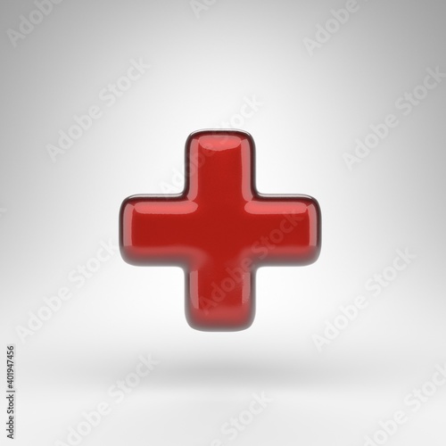 Plus symbol on white background. Red car paint 3D sign with glossy metallic surface.