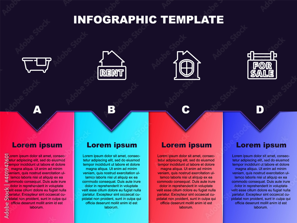 Set line Bathtub, Hanging sign with Rent, House under protection and For Sale. Business infographic template. Vector.