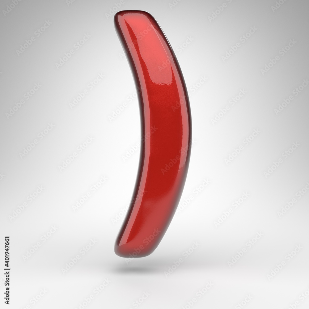 Right round bracket symbol on white background. Red car paint 3D sign with glossy metallic surface. Right round bracket symbol on white background. Red car paint 3D sign with glossy metallic surface.