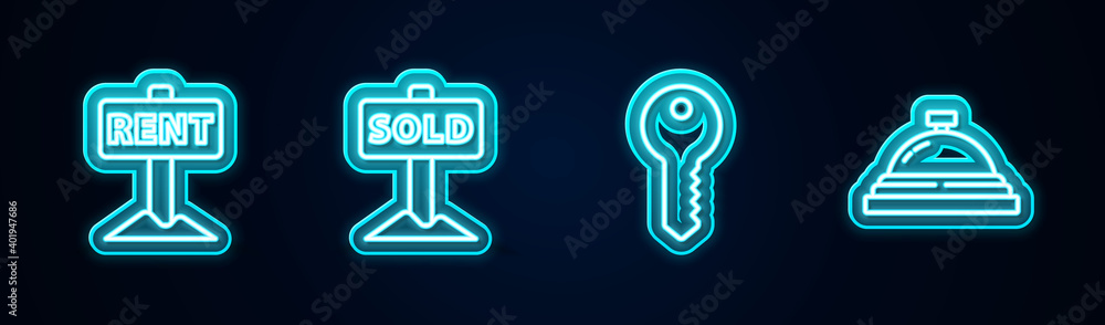 Set line Hanging sign with Rent, text Sold, House key and Hotel service bell. Glowing neon icon. Vector. Set line Hanging sign with Rent, text Sold, House key and Hotel service bell. Glowing neon icon. Vector.