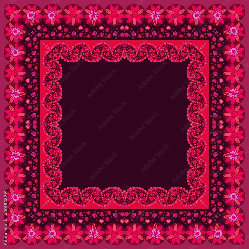 A scarf, napkin or square rug with an ornamental border of flowers and paisley and an empty brown center.